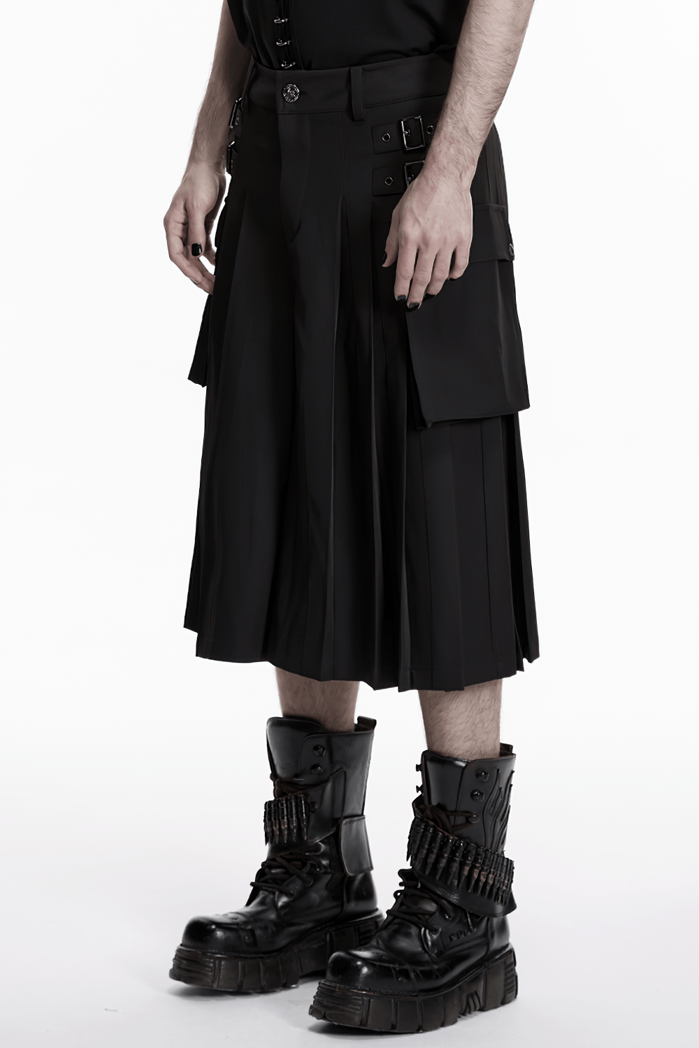 Black Punk Pleated Cargo Skirt-Pants with Buckles