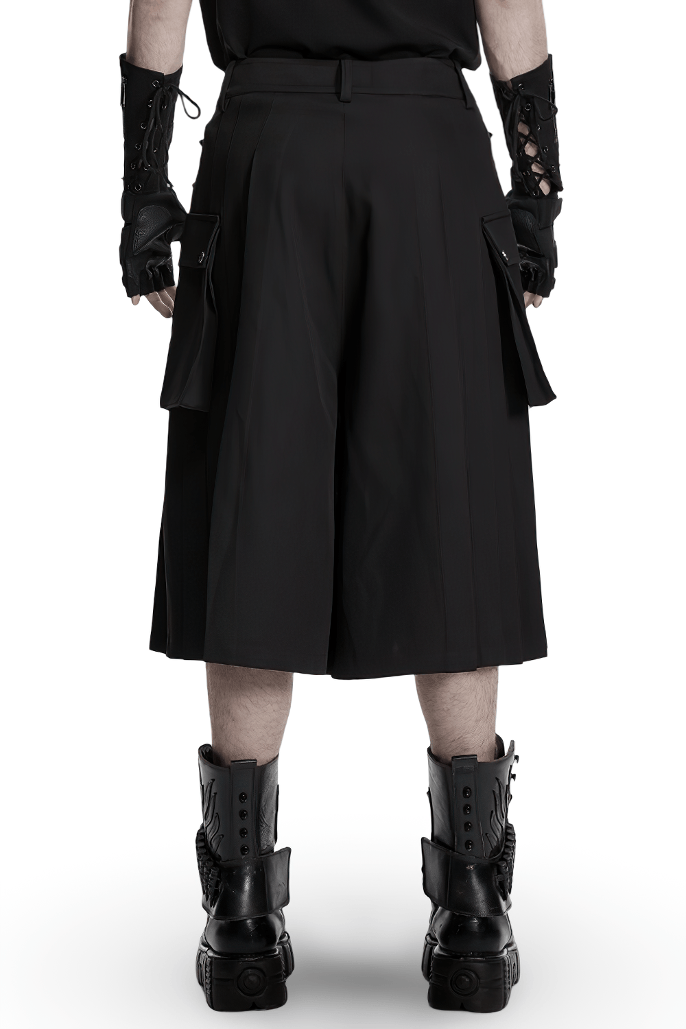 Black Punk Pleated Cargo Skirt-Pants with Buckles