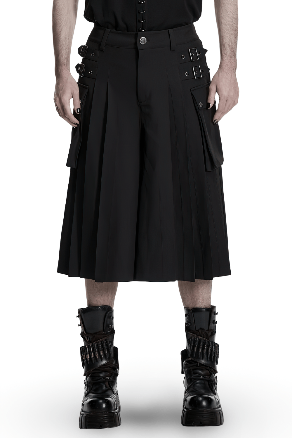 Black Punk Pleated Cargo Skirt-Pants with Buckles