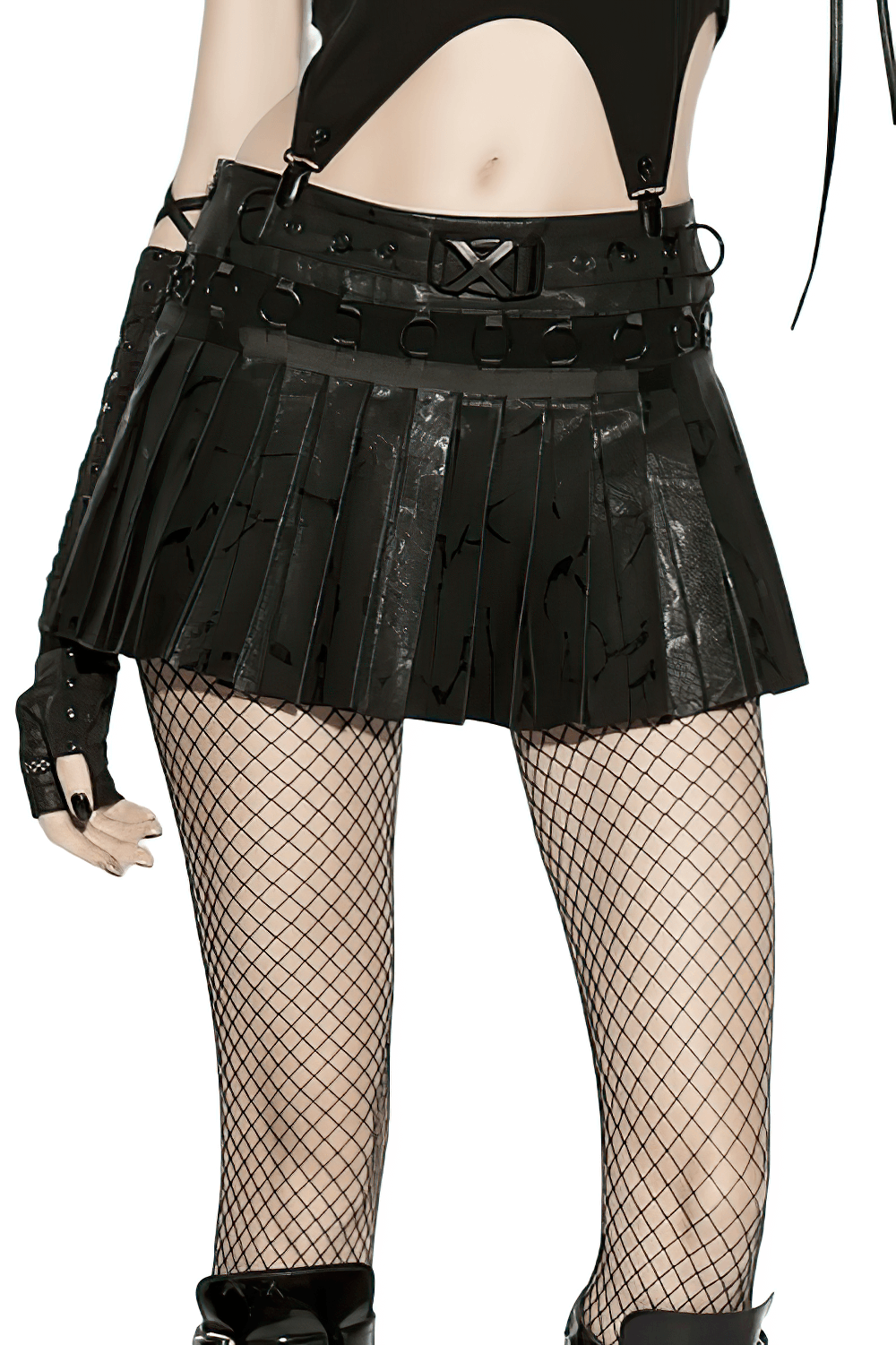 Black Punk Pleated Mini Skirt with Ring Details showcasing crisp pleats and buckle trim.