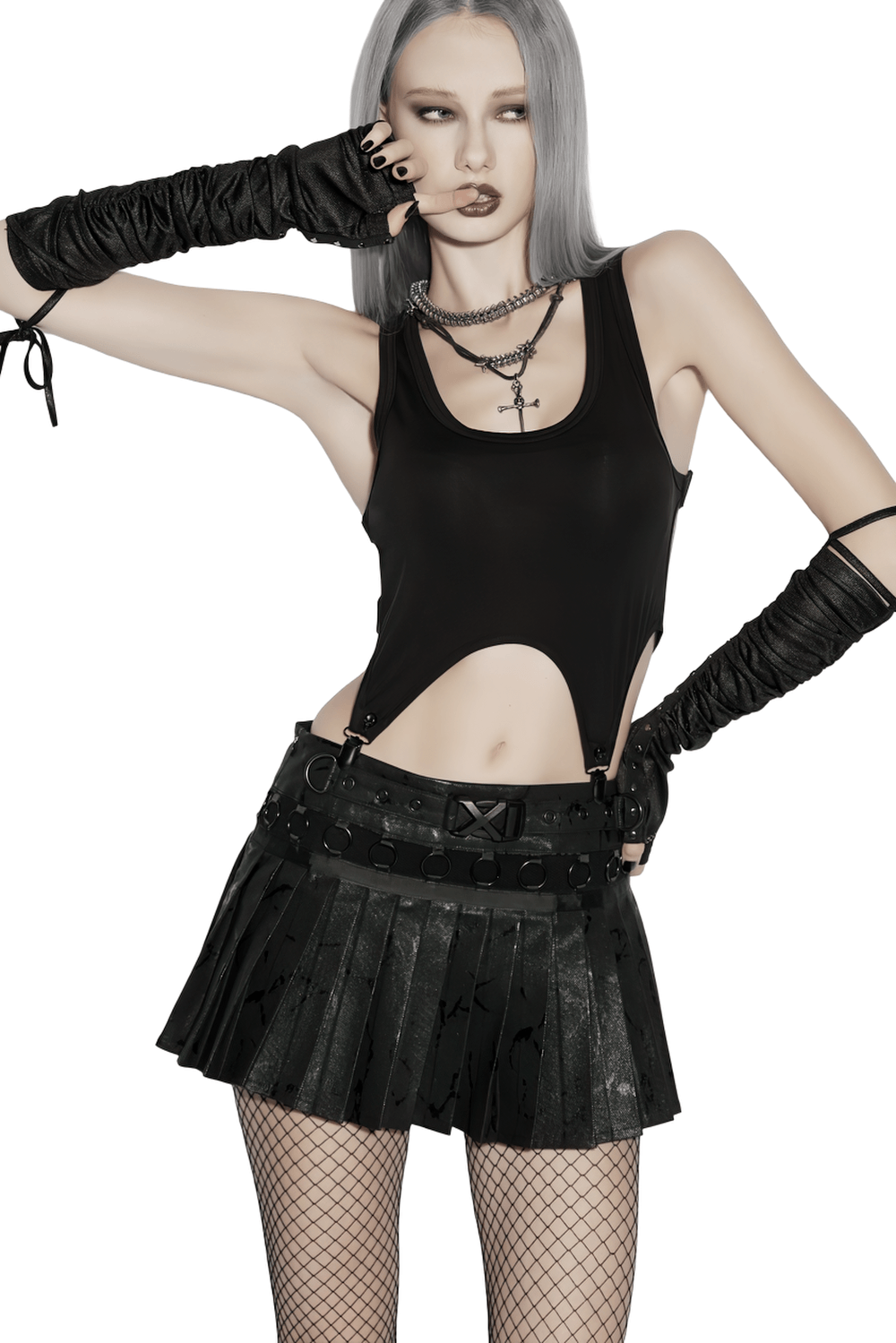 Black Punk Pleated Mini Skirt with Ring Details worn with a black tank top and accessories.