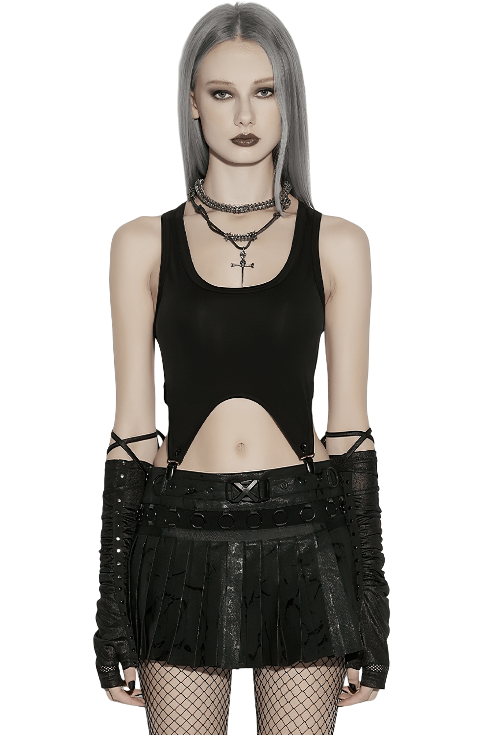 Black Punk Pleated Mini Skirt with Ring Details styled for an edgy look with a crop top and accessories.