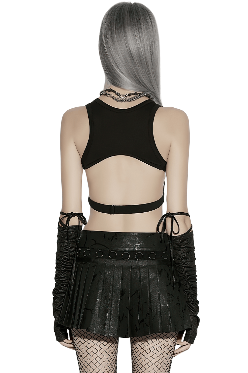 Black Punk Pleated Mini Skirt with Ring Details displayed with a stylish black back crop top and gloves.