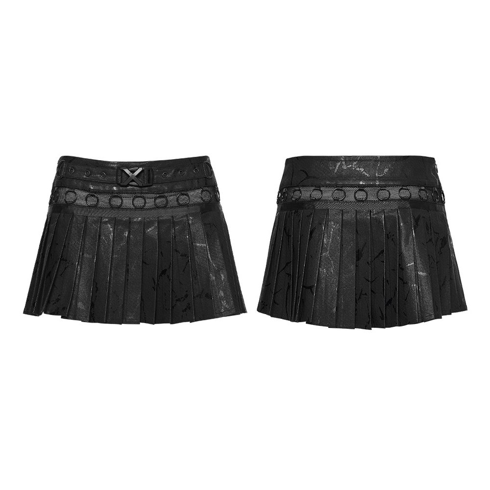 Black Punk Pleated Mini Skirt with Ring Details showcasing pleats and buckle trim for a rebellious look.