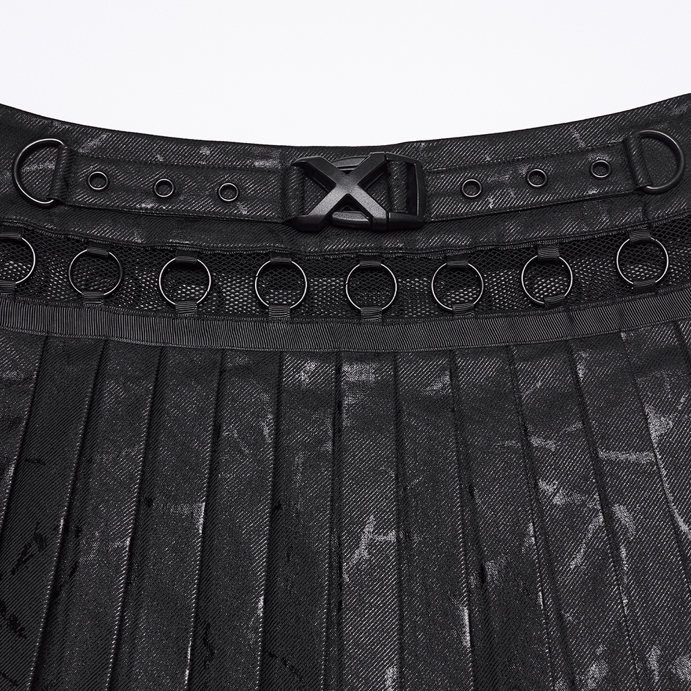 Black Punk Pleated Mini Skirt with Ring Details featuring buckle trim and metal ring accents.