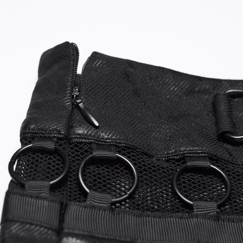 Black Punk Pleated Mini Skirt with Ring Details, showcasing metal rings and buckle trim for a punk style.