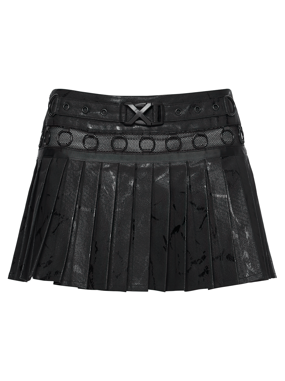 Black Punk Pleated Mini Skirt with Ring Details showcasing crisp pleats and metal ring accents for a rebellious look.