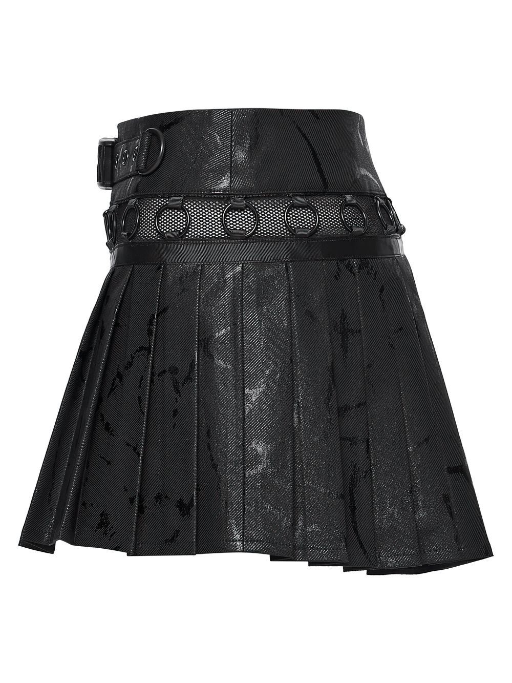Black Punk Pleated Mini Skirt with Ring Details showcasing pleats and buckle trim in faux-leather.