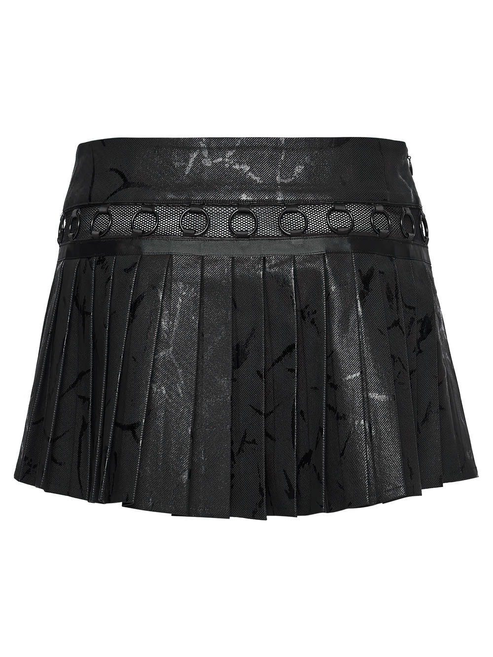 Black Punk Pleated Mini Skirt with Ring Details featuring crisp pleats and buckle trim in a rubberized faux-leather finish.