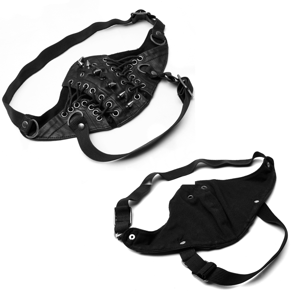 Black Punk PU Leather Mask with Rivets And Laces