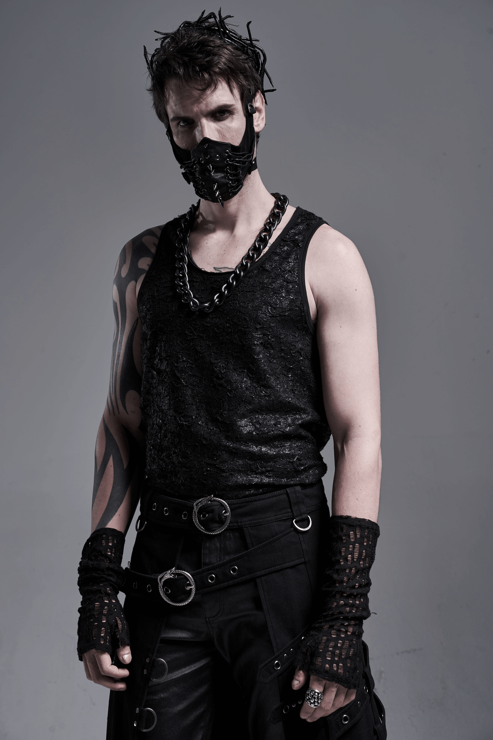 Black Punk PU Leather Mask with Rivets And Laces
