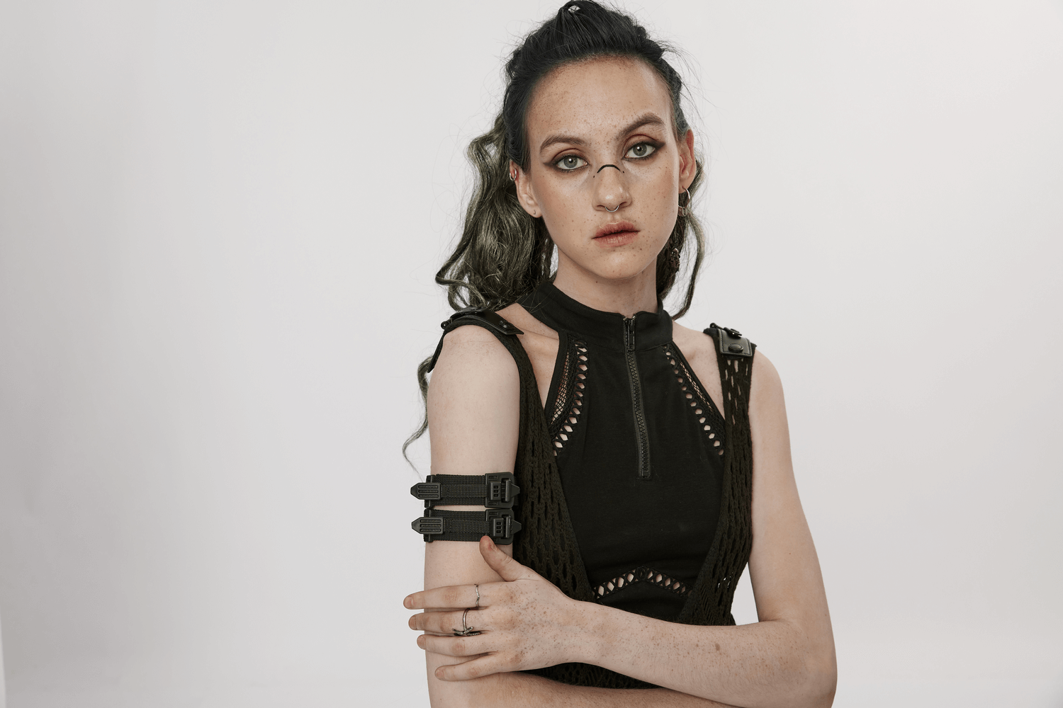 Model showcasing a Black Punk Rave Adjustable Bracelet with an edgy post-apocalyptic style.