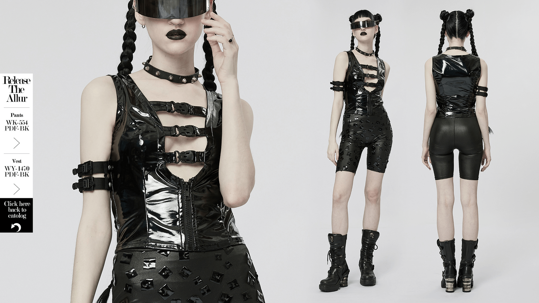 Model showcasing a glossy black punk outfit with straps and goggles, perfect for edgy fashion lovers.