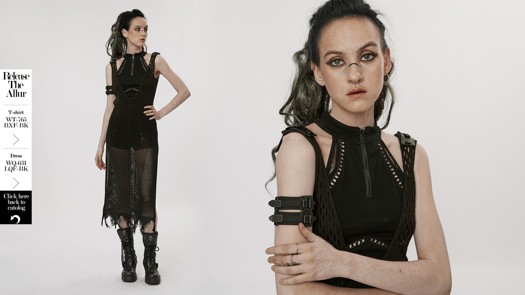 Model wearing a black punk rave adjustable dress with unique cutouts and a stylish punk vibe.