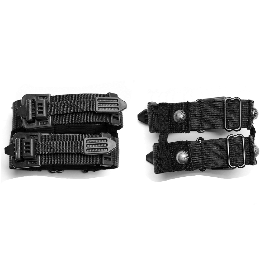 Black adjustable punk rave armband with hard webbing, featuring secure clips for a unique post-apocalyptic style.