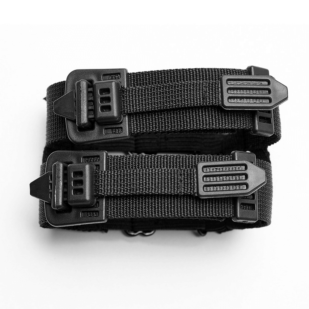 Black adjustable punk rave bracelet featuring sturdy webbing and secure buckles for a unique, edgy look.