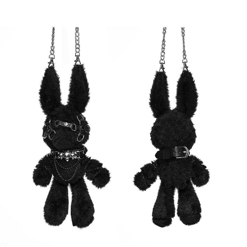 Black Punk Rebel Doll Keychain with Faux Fur Charm, stylish black plush punk doll with chains and faux fur.