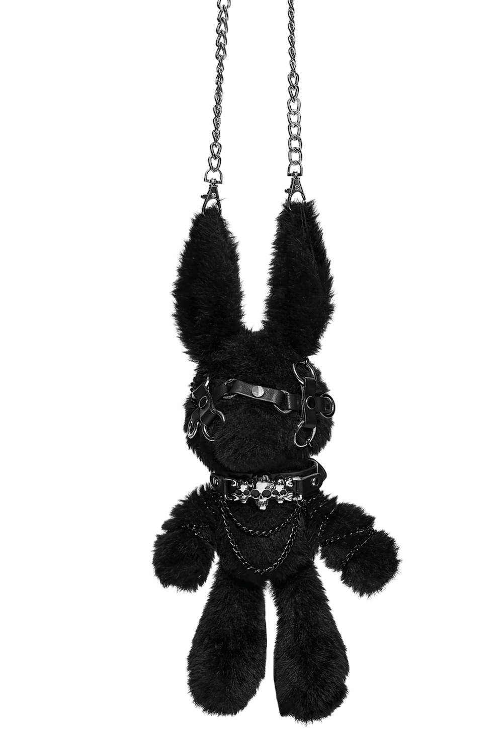 Black Punk Rebel Doll Keychain with Faux Fur Charm hanging with edgy accessories and faux fur design.