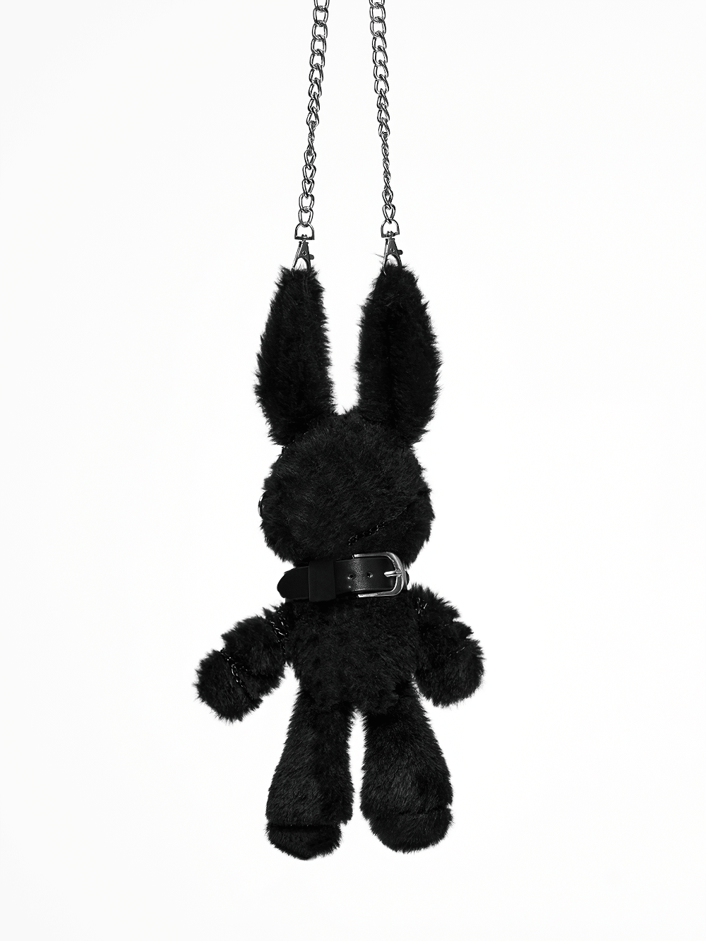 Black Punk Rebel Doll Keychain with Faux Fur Charm hanging on a chain, showcasing its unique punk style.