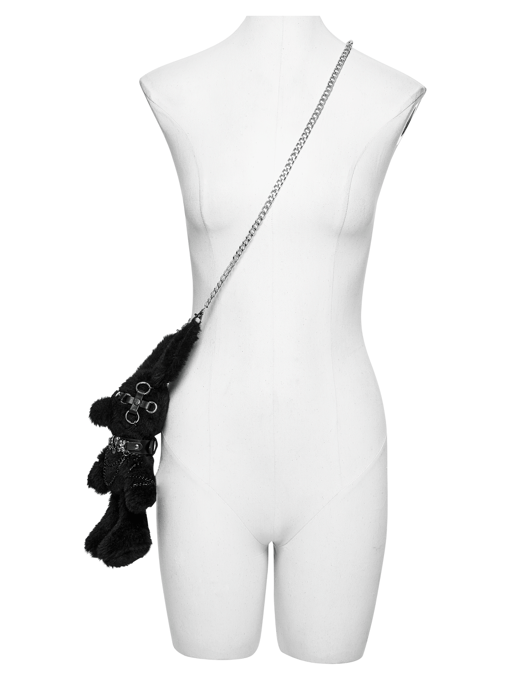 Black Punk Rebel Doll Keychain with Faux Fur Charm stylishly displayed on a mannequin.