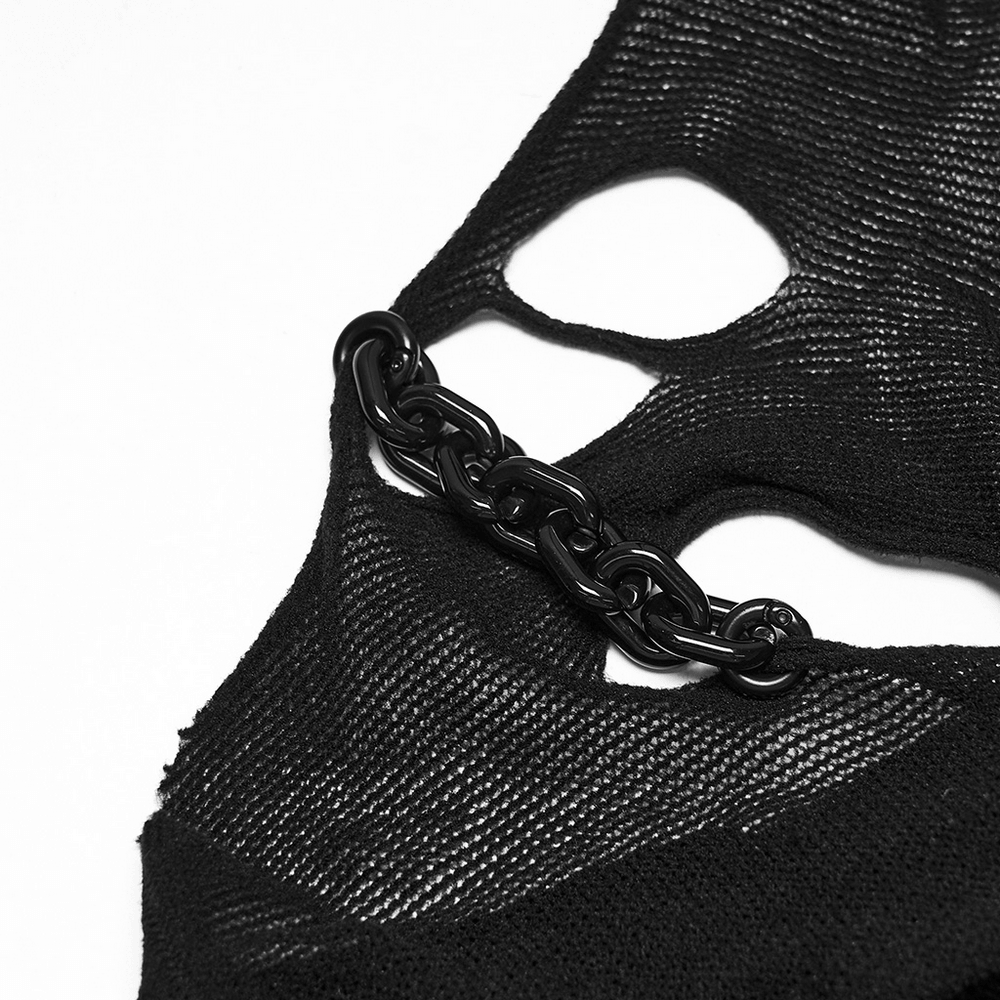 블랙 펑크 찢어진 크롭 탑, 탈부착 체인 포함