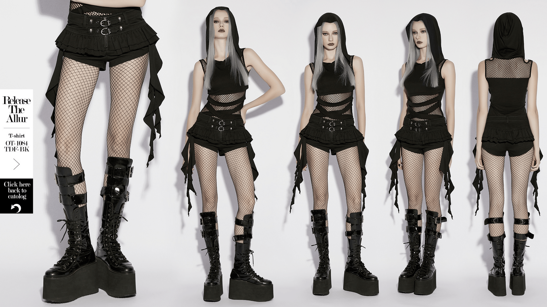 Black Punk Ruffle Buckle Skort with Strap Details showcased from multiple angles, paired with edgy boots and fishnet tights.