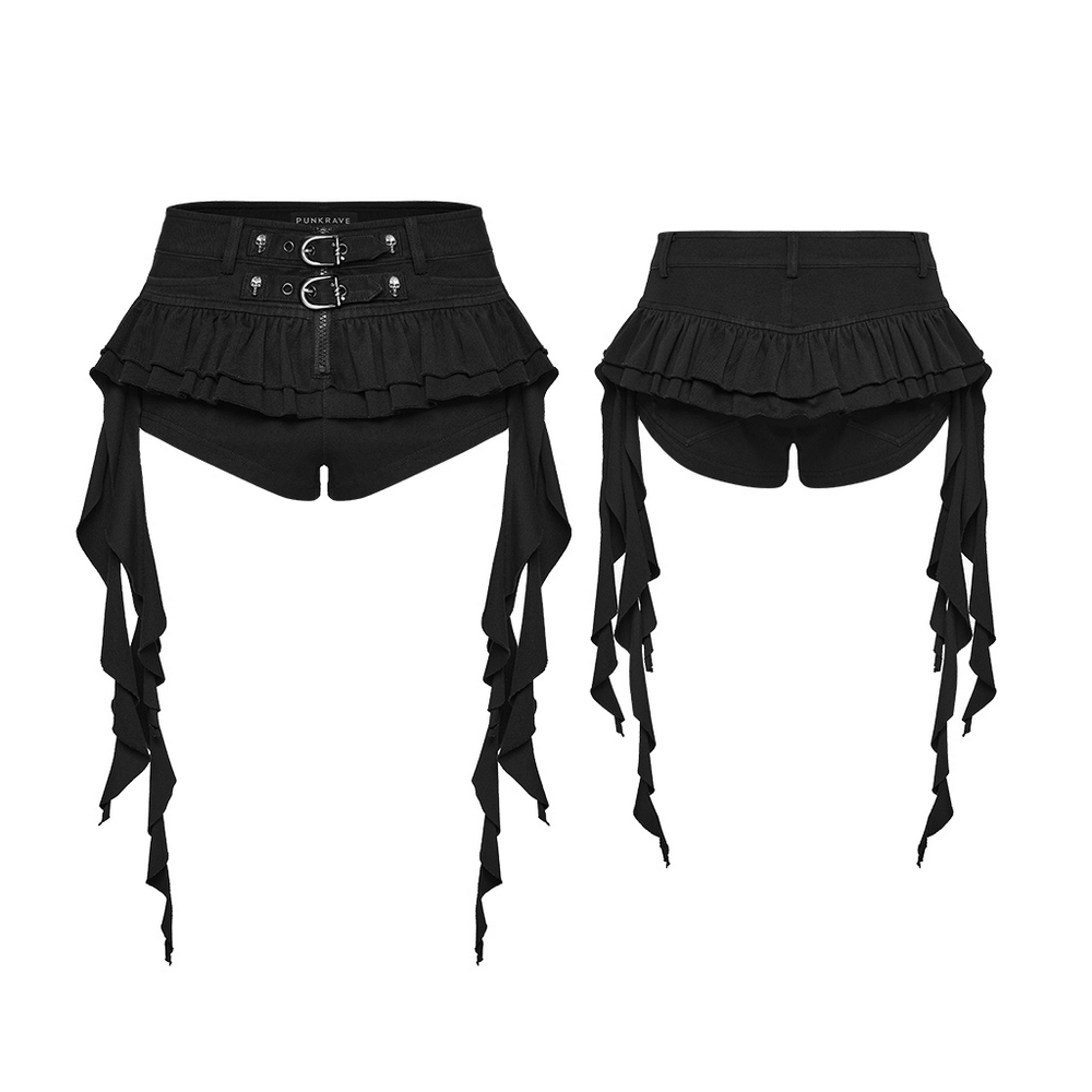 Black Punk Ruffle Buckle Skort with Strap Details showcasing ruffled edges and adjustable buckle accents.