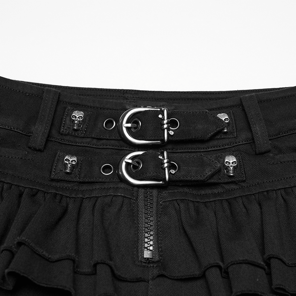 Black Punk Ruffle Buckle Skort with Strap Details showing skull buckle accents and ruffled trim for a bold fashion statement.