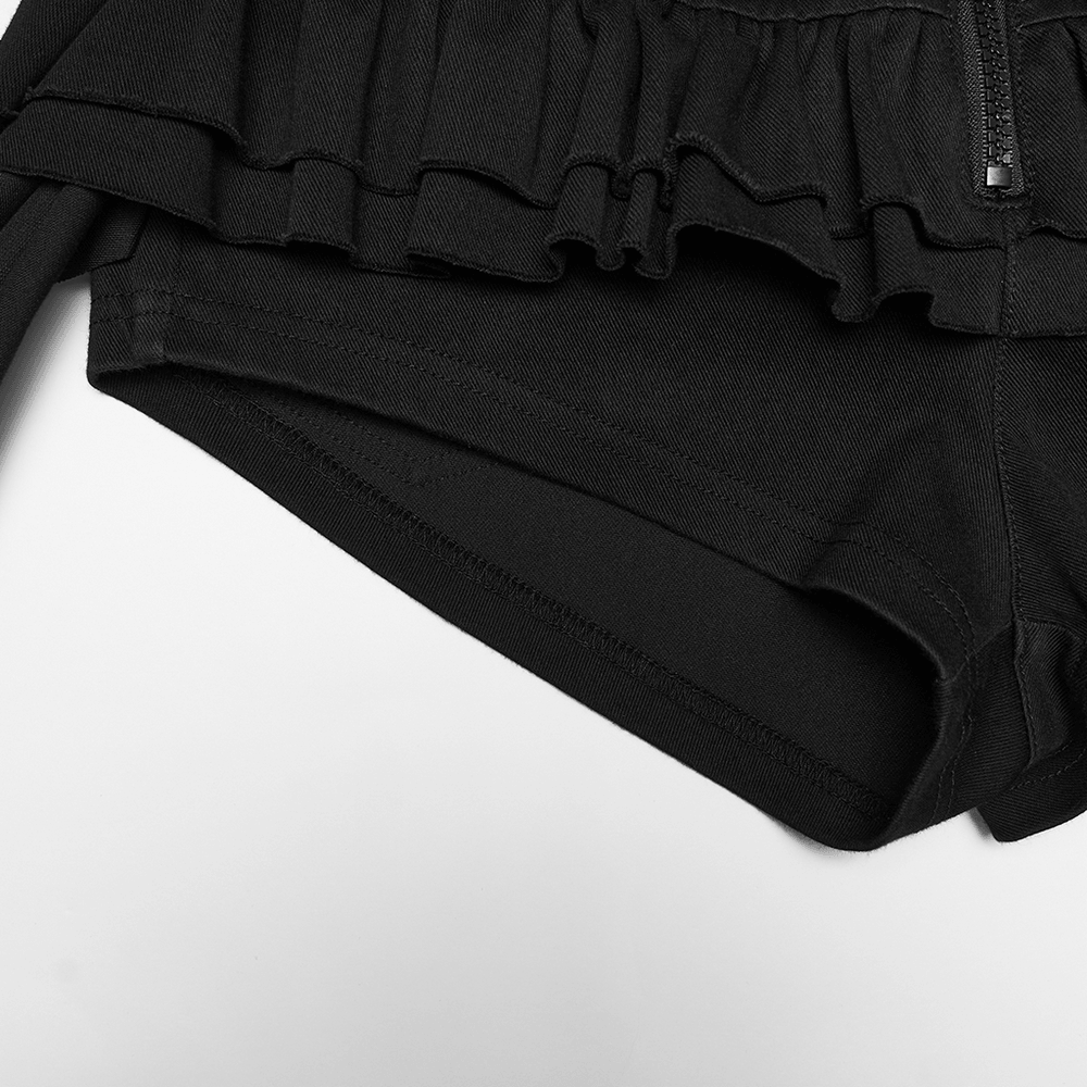 Black Punk Ruffle Buckle Skort with Strap Details showing ruffle trim and fitted silhouette.