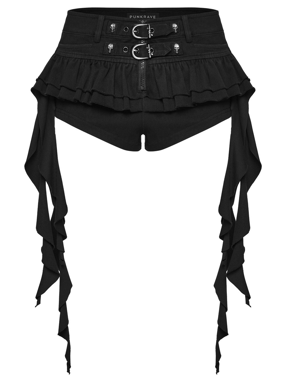 Black Punk Ruffle Buckle Skort with Strap Details featuring ruffled trim and cascading straps for a bold fashion statement.