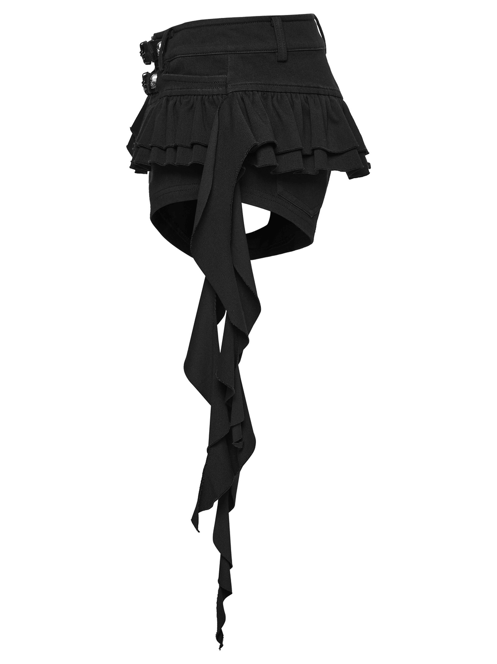 Black Punk Ruffle Buckle Skort with Strap Details showcasing ruffled edges and cascading straps for a bold look.