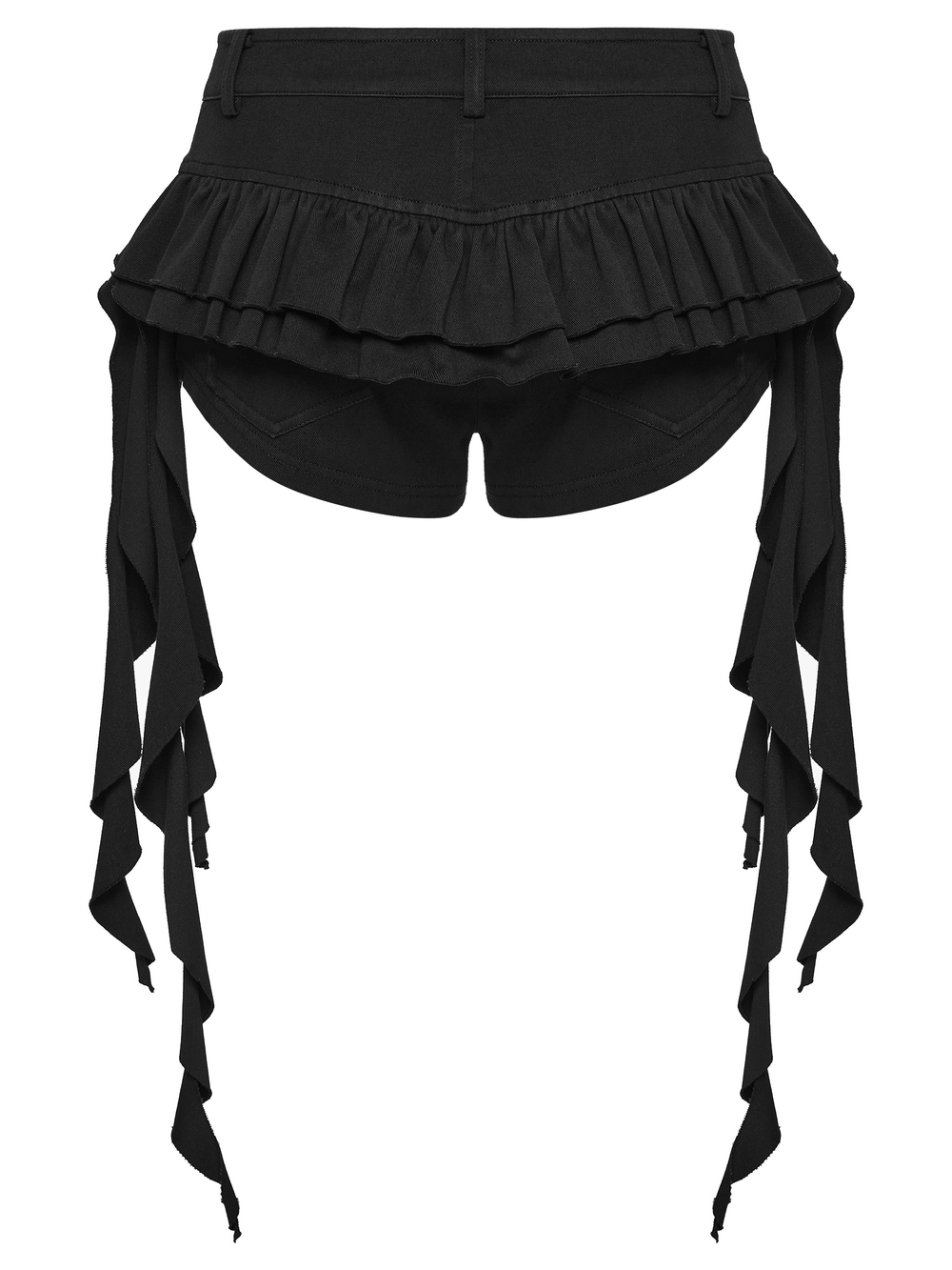 Black Punk Ruffle Buckle Skort with Strap Details showcasing ruffled edges and cascading straps for a bold punk style.
