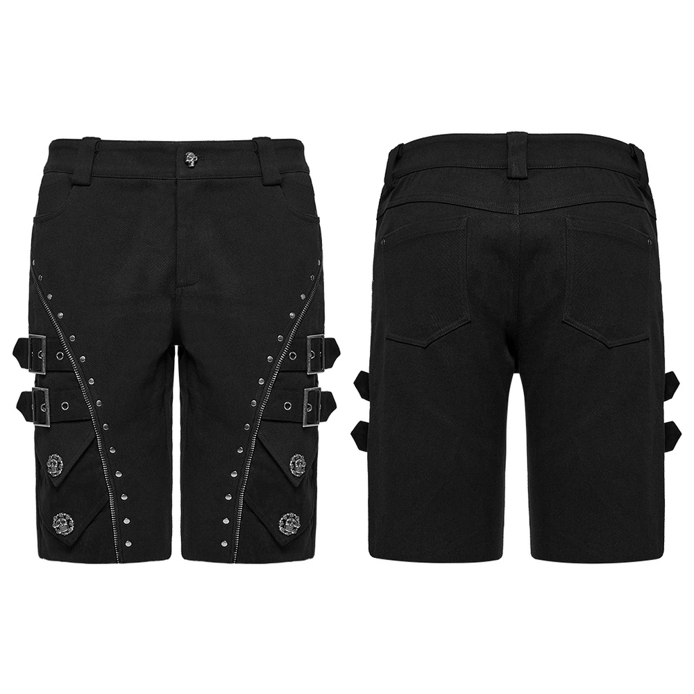 Black punk shorts with armor details, zippers, and skull rivets for a bold gothic style.