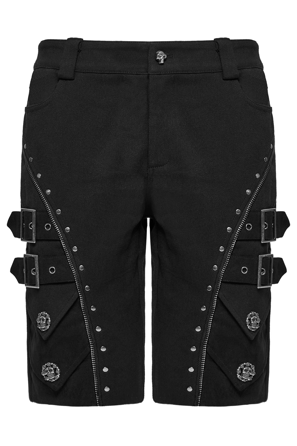 Black punk shorts with armor details, skull rivets, and edgy zippers for a bold alternative style.