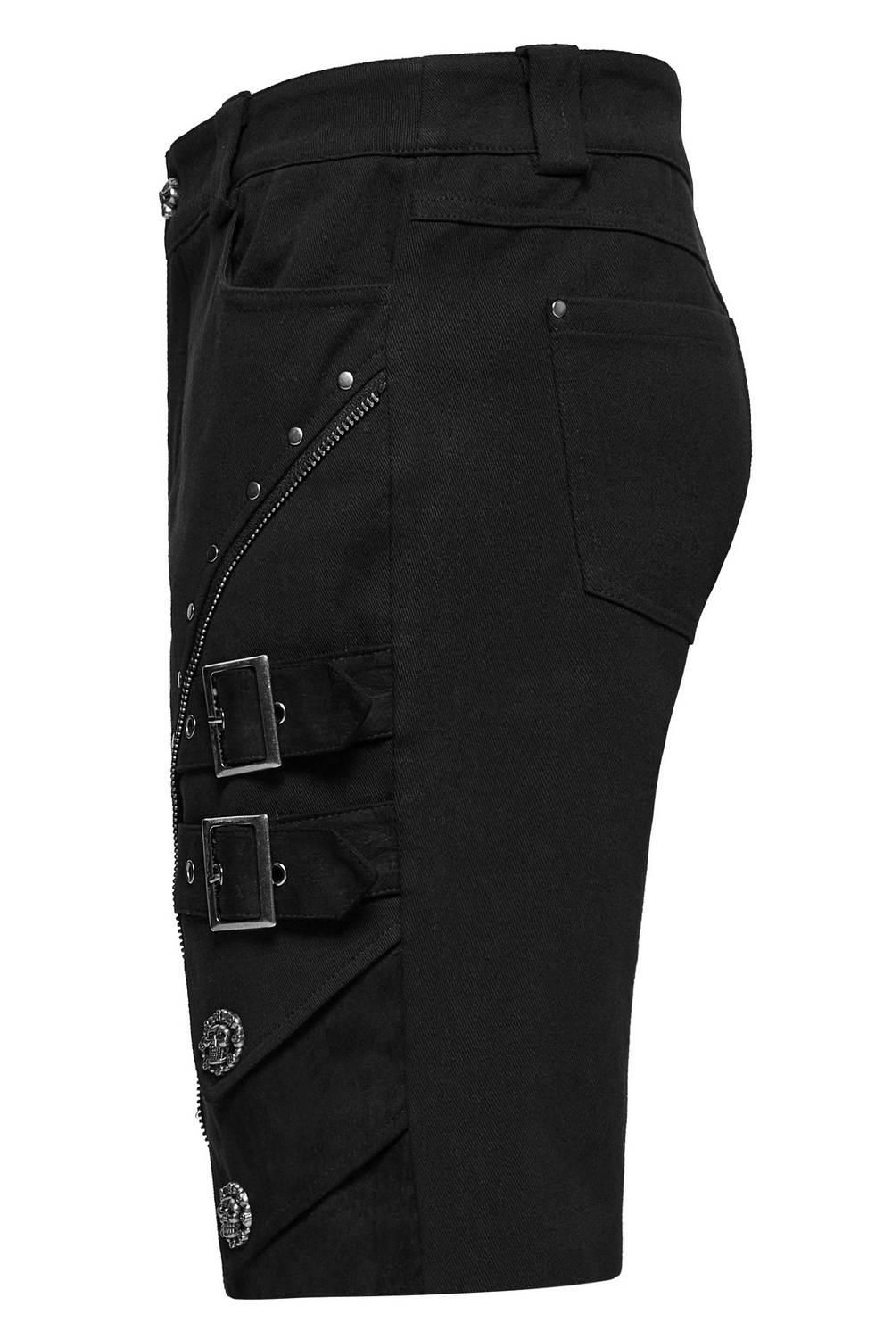 Black punk shorts with armor details, zippers, and skull rivets for an edgy style.