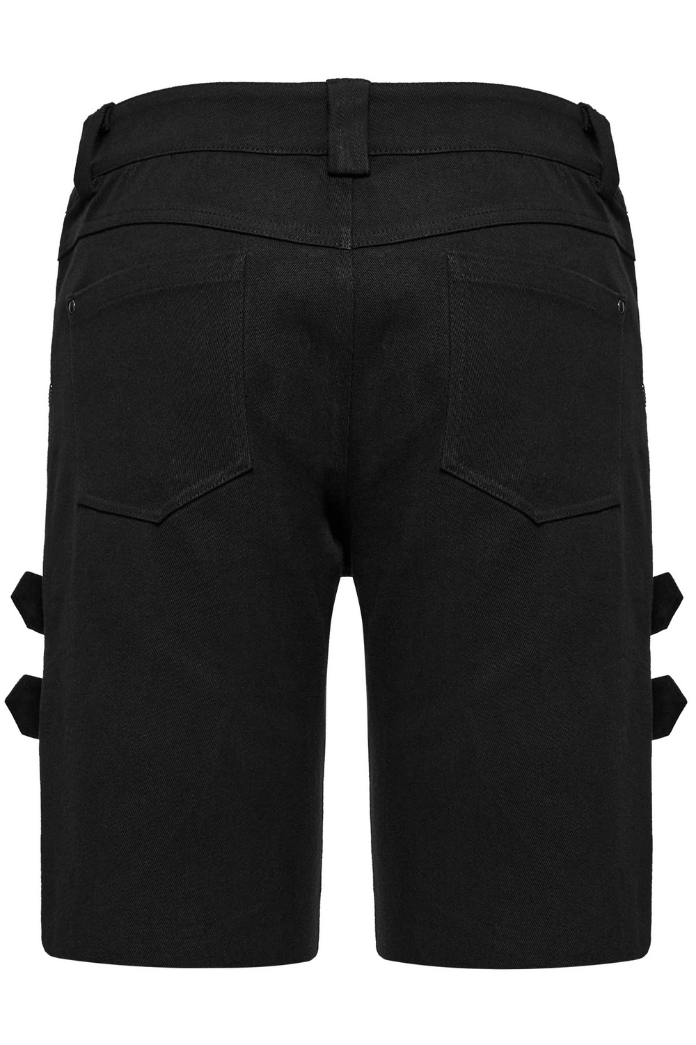 Back view of black punk shorts featuring armor details and edgy rivet design.