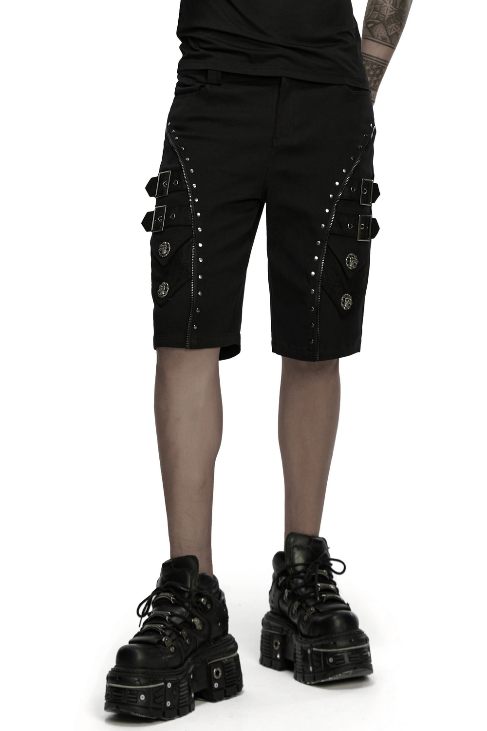 Edgy black punk shorts with armor details, skull rivets, and zippers for a bold alternative style.