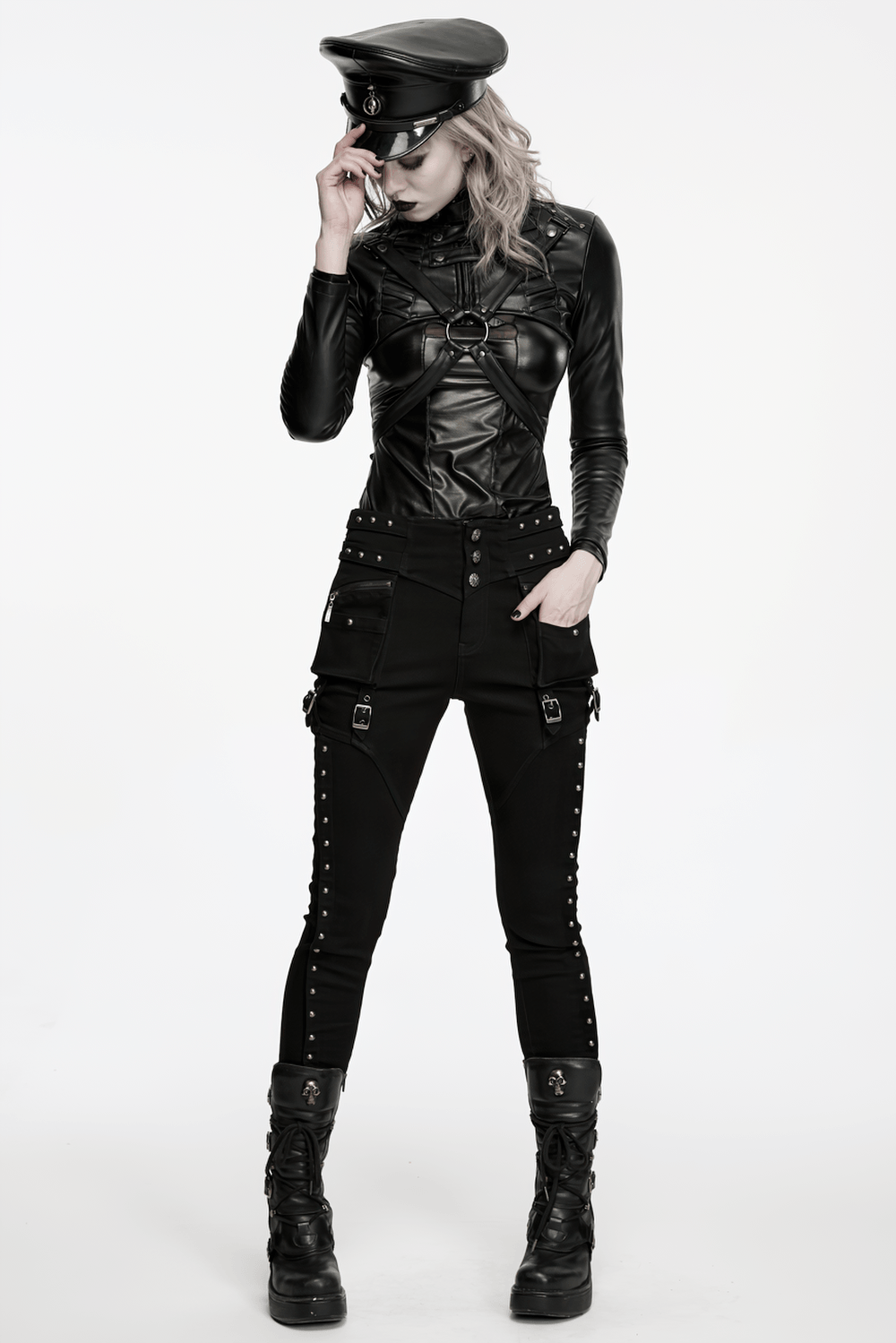 Pantalones Slim Negros Punk con Bolsillos Cargo Tachonados