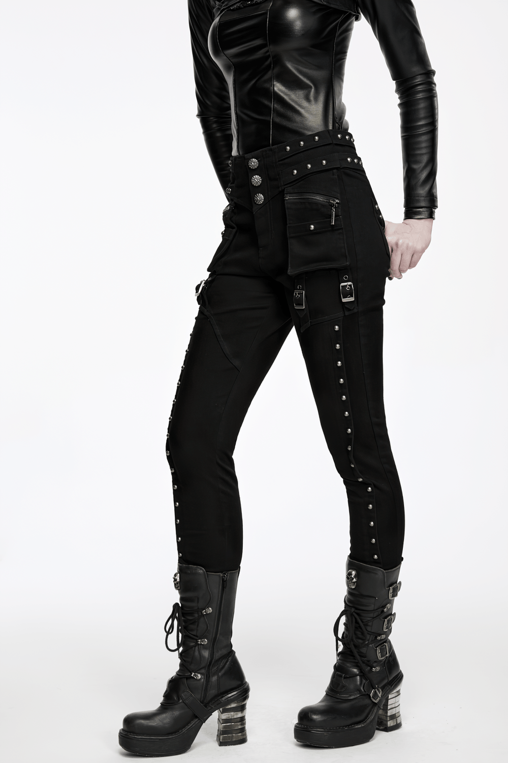 Pantalones Slim Negros Punk con Bolsillos Cargo Tachonados
