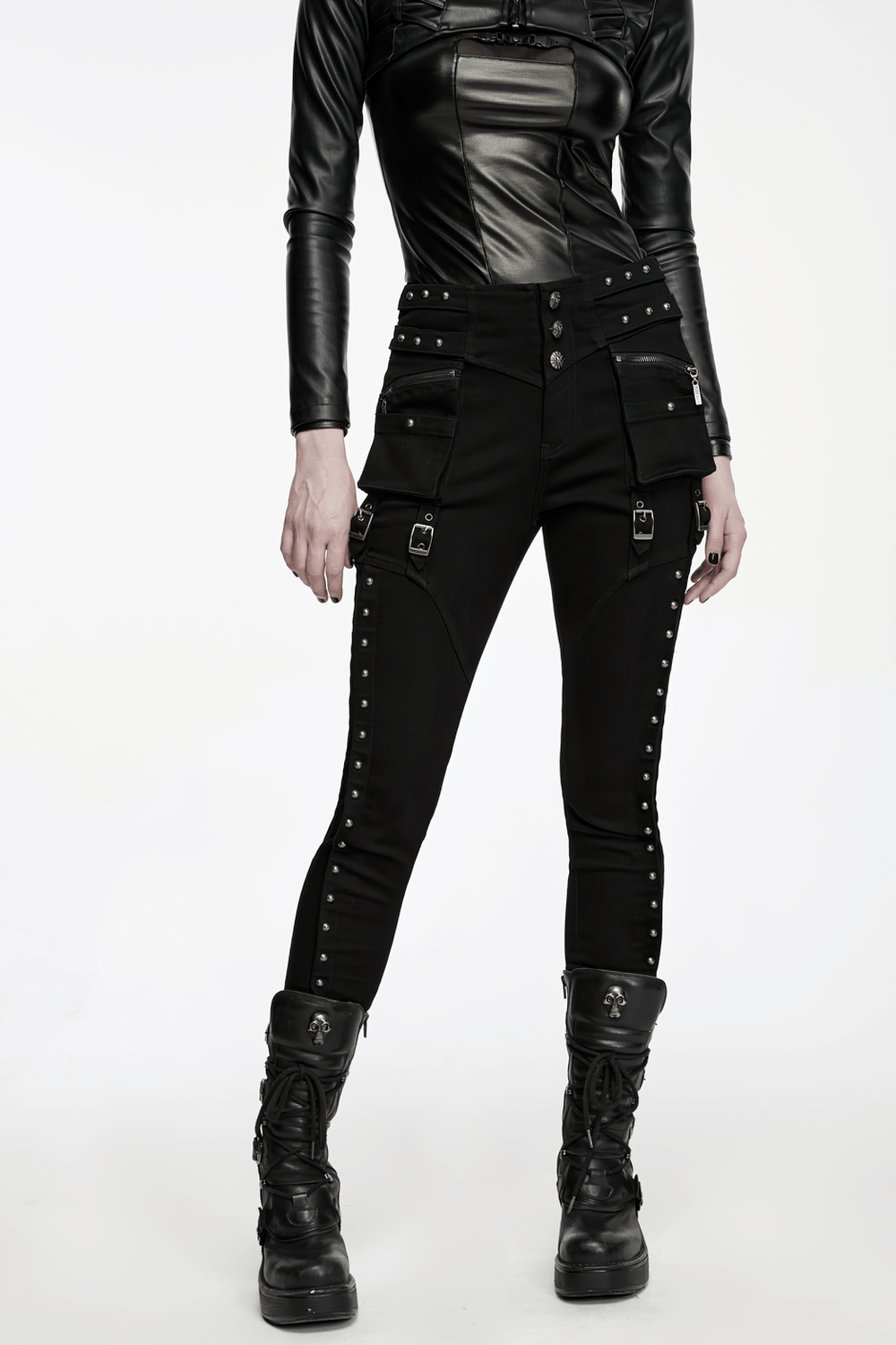 Pantalones Slim Negros Punk con Bolsillos Cargo Tachonados