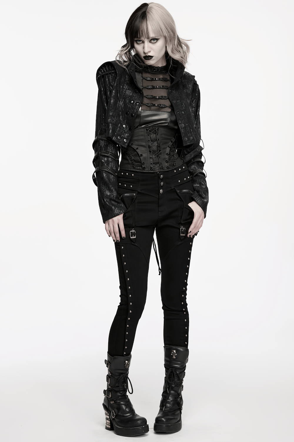 Pantalones Slim Negros Punk con Bolsillos Cargo Tachonados