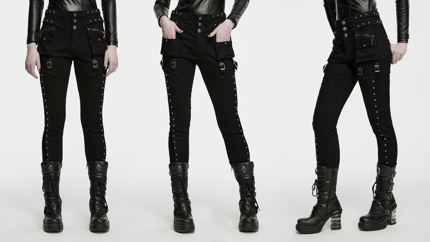 Pantalones Slim Negros Punk con Bolsillos Cargo Tachonados