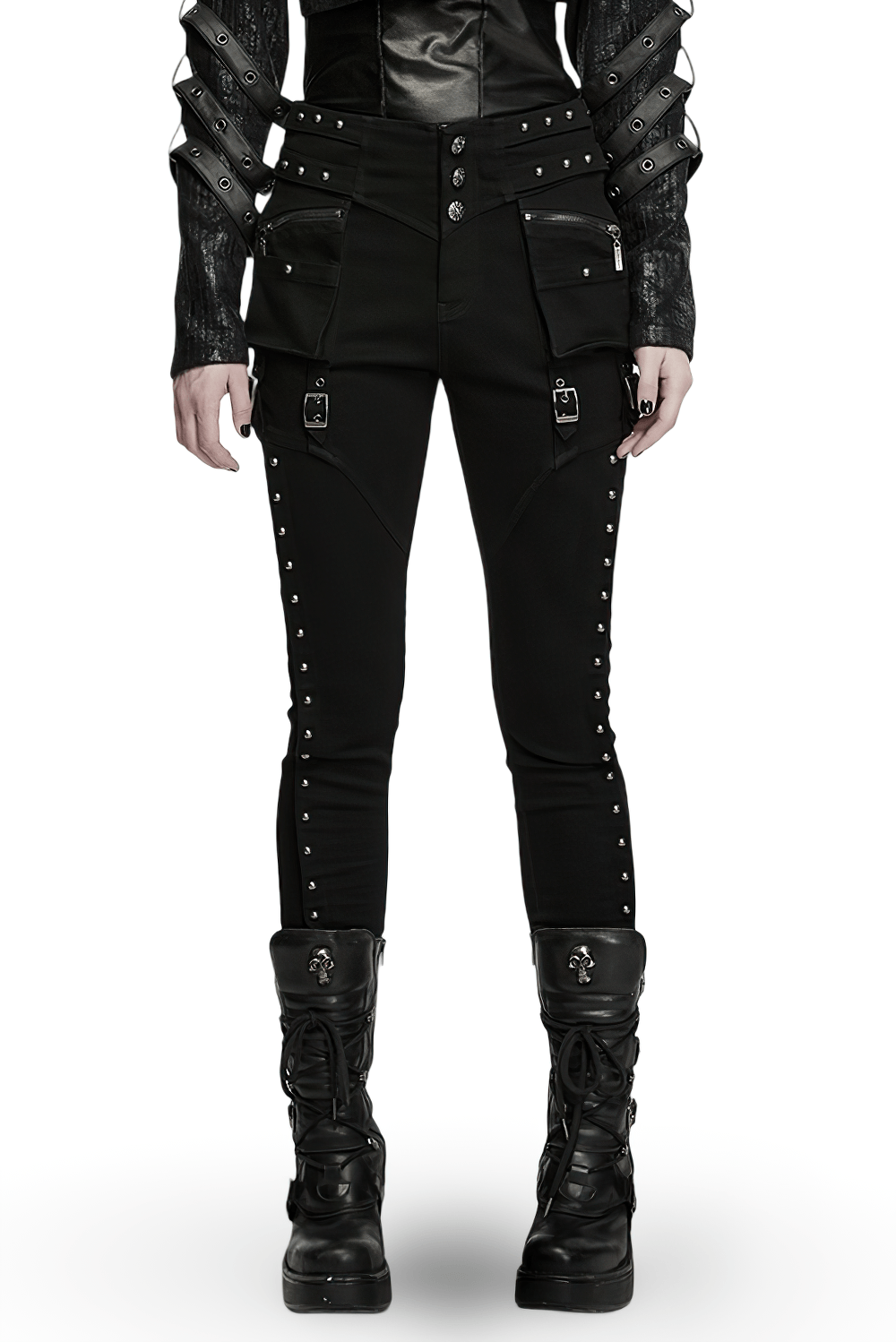 Pantalones Slim Negros Punk con Bolsillos Cargo Tachonados