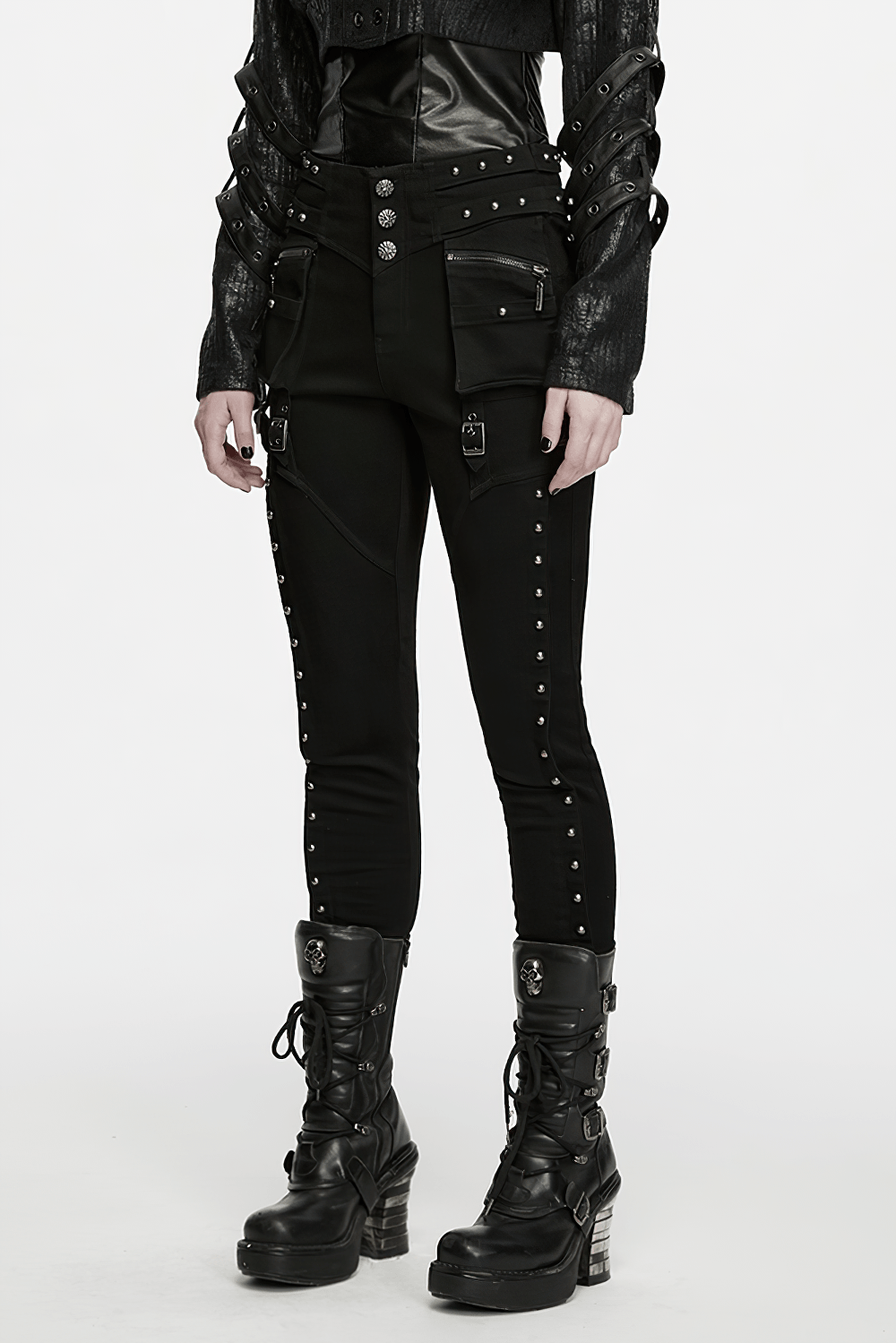 Pantalones Slim Negros Punk con Bolsillos Cargo Tachonados