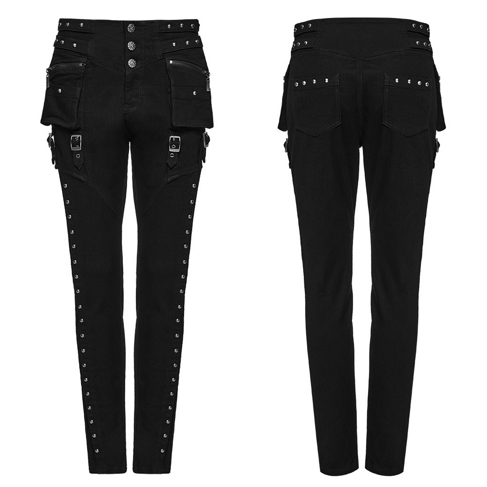 Pantalones Slim Negros Punk con Bolsillos Cargo Tachonados