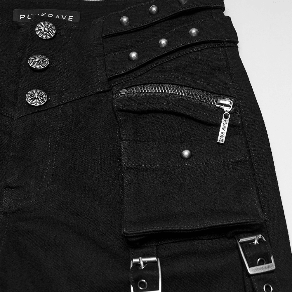 Pantalones Slim Negros Punk con Bolsillos Cargo Tachonados