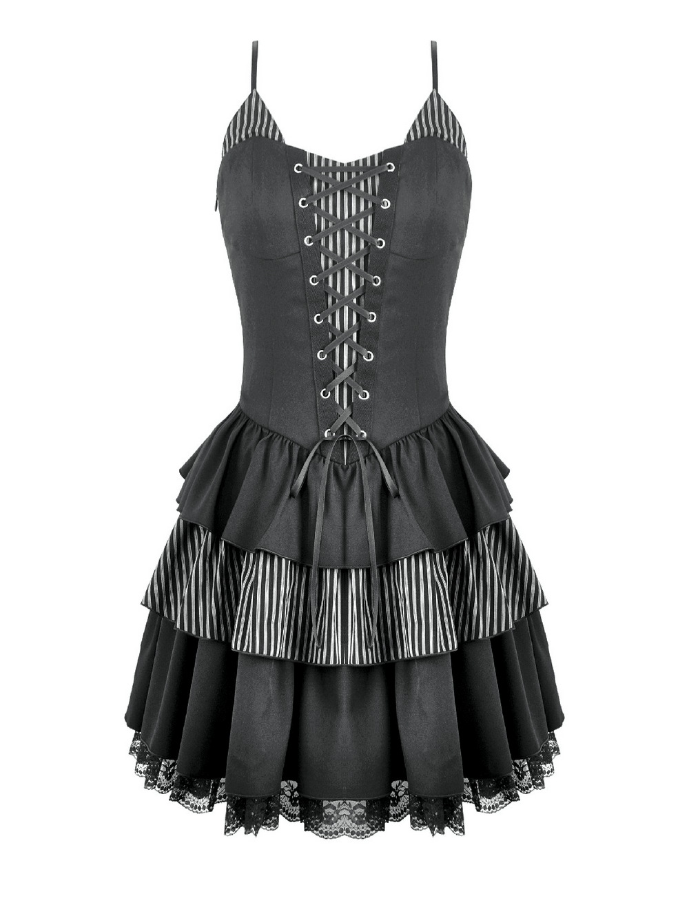 Black Punk Striped Mini Dress with Lace-Up Bodice featuring tiered ruffles and lace trim for a bold gothic look.