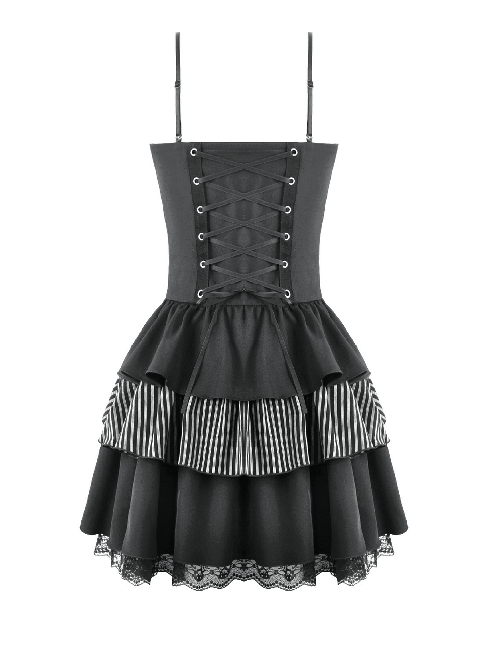 Black Punk Striped Mini Dress with Lace-Up Bodice featuring ruffled layers and lace trim