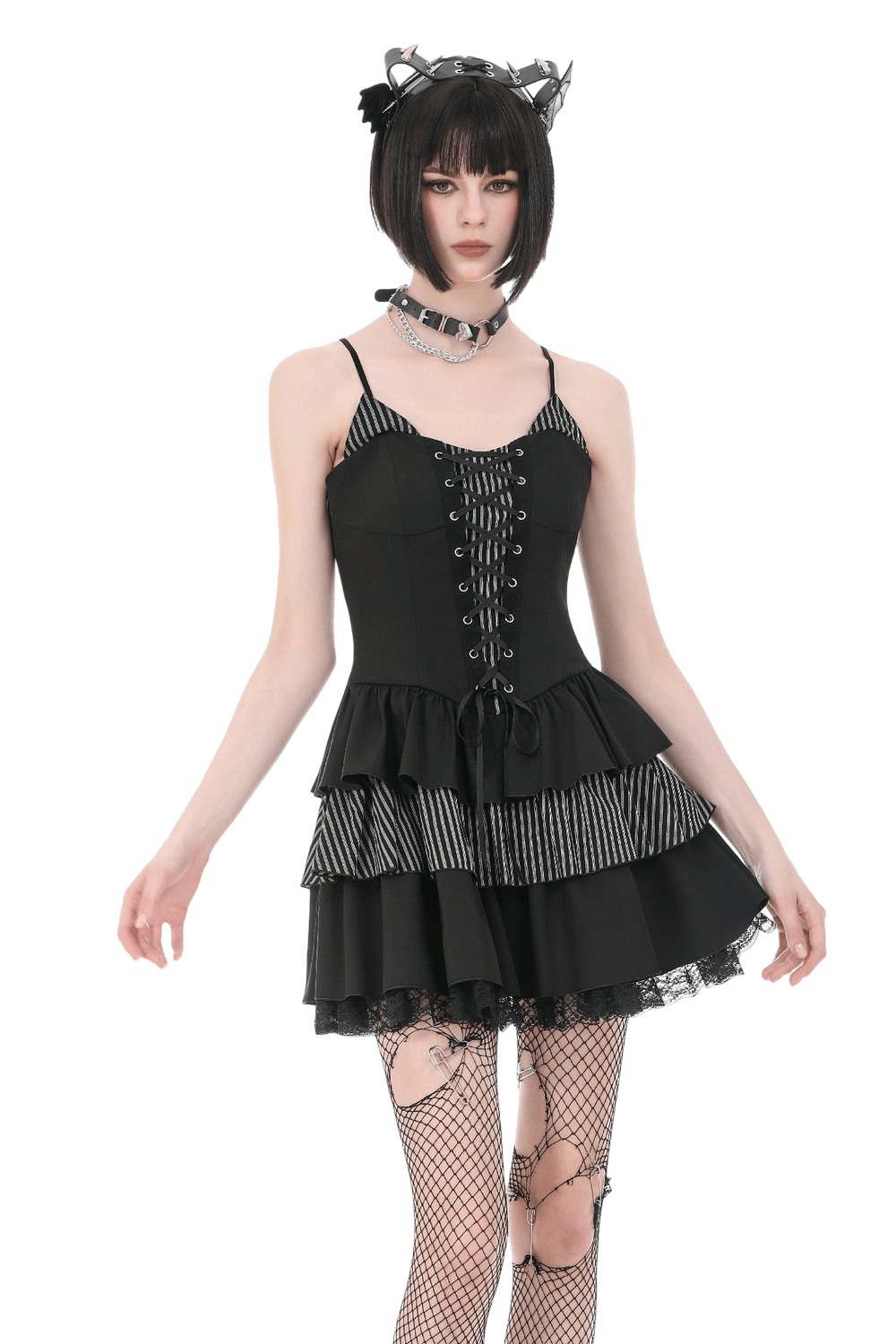Black Punk Striped Mini Dress with Lace-Up Bodice worn by a model with layered ruffles and punk accessories.