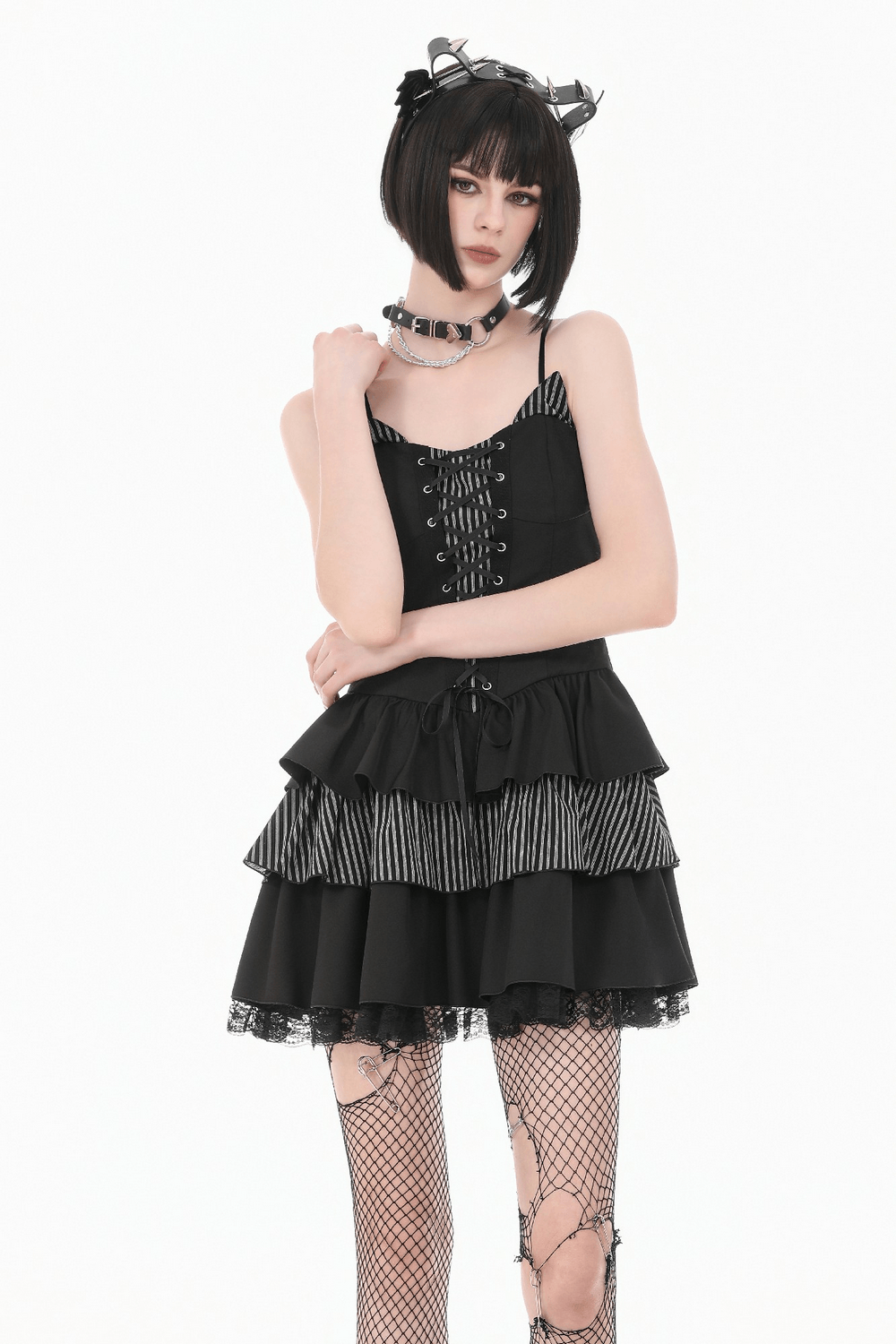 Black Punk Striped Mini Dress with Lace-Up Bodice featuring a ruffled skirt and lace trim, perfect for gothic style.